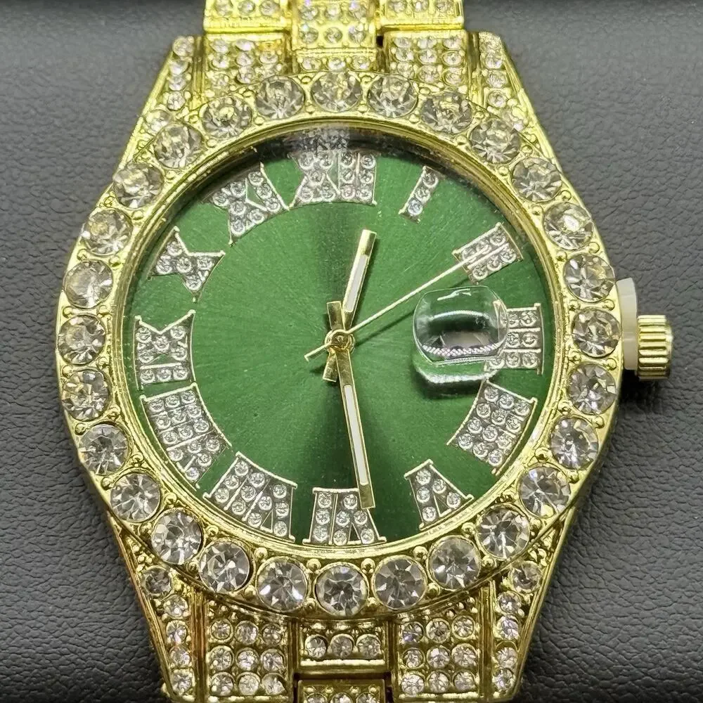 Gold Tone Iced Out Watch Green Dial Roman Numerals Crystal Date Bling Mens NEW